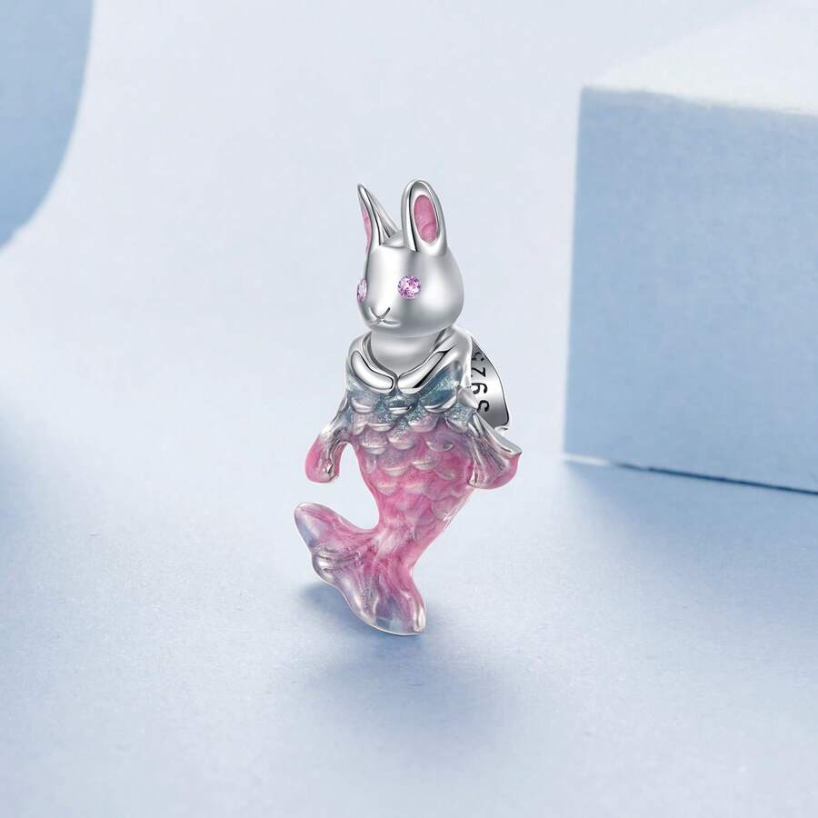 WOSTU 1pc 925 Sterling Silver Mermaid Rabbit Pendant Pink Fishtail Cute Rabbit Design Charm Bead Fit For Women Original Bracelet Fine Jewelry Gift - BSC1124 - View 1