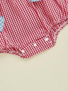 Mono para bebé niña pequeña, estilo vintage del 4 de julio, bonito mono con estampado a cuadros y bordado de bandera estadounidense, mangas con volantes y patriótico para recién nacida - Rojo - Ver 6