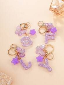 1 Pc Creative Key Chain With Letter Stone Resin Pendant, Butterfly Tassel Letter Keychain For Girl - Purple - View 4