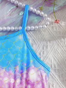 Girls Ombre Fish Scale Print Camisole Top Patchwork Moon & Star Mesh Hem Midi Dress, With Cross-Body Bag, Fashionable & Cute, Suitable For Outings, Parties, Vacations, Summer - Pink - View 5