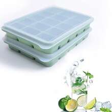 1 个冰块托盘套装，易于释放 15 个柔性硅胶冰块模具，带可拆卸盖子，可重复使用，冷冻冰块托盘，可堆叠，适用于威士忌和婴儿食品，不含 BPA（竹绿）。