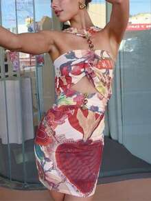 女士镂空金属扣印花紧身迷你连衣裙，性感露肩裙，适合早春穿着