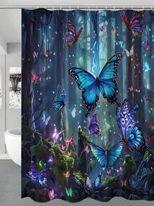 1/4 Pcs Butterfly Printed Bathroom Shower Curtain Set, Fashion Bathroom Decoration, Waterproof Fabric Shower Curtain Set With 12 Hooks, Anti-Slip Bathroom Mat, U-Shaped Toilet Seat Cover Bathroom Accessories