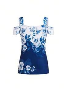 Abbigliamento estivo da vacanza per donna, maglietta casual con spalle scoperte e motivi, elegante camicetta estiva