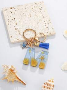 1pc A-Z English Letter Keychain, Resin Drop Glue Oceanic Elements Letter Pendant Keychain For Girls, Summer Starfish, Seashell Decor Random Color Children Bag Accessories