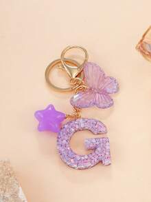 1 Pc Creative Key Chain With Letter Stone Resin Pendant, Butterfly Tassel Letter Keychain For Girl - Purple - View 22