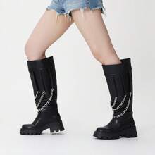 Pasuot Women's Knee-High Goth Platform Boots With Chunky High Heel, Buckles, Lace-Up Design, And Chain. Perfect For A Bold Punk Combat Look. - Black - View 8