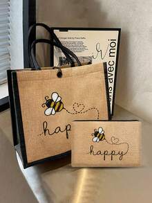 可爱蜜蜂手提包套装：轻便购物袋，带迷你零钱包。旅行化妆包：户外化妆的完美之选！送给母亲、老师、朋友的绝佳礼物，可用作便携休闲收纳袋、运动装饰包、礼品袋、化妆包、教师节礼物、可重复使用的化妆包。