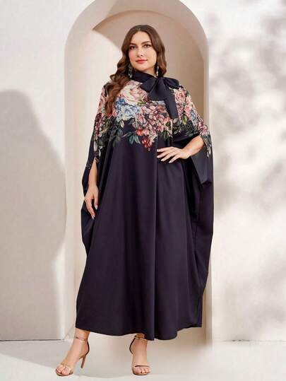 大码女式纯色肩部随机花卉印花系带领口长袍，优雅