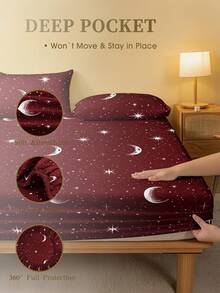 1pc Fashionable Wine Red Star & Moon Pattern Bed Skirt, Mattress Protector, Valentine's Heart Mattress Cover, Soft & Breathable, Fits Twin, Full, Queen, King Size Beds, Deep Pocket Design Up To 11.8 Inches, Wrinkle-Resistant, Improves Sleep Quality, Machine Washable. Essential For Dorm Back To School Season. - Burgundy - View 2