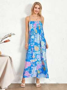 Womens Bohemian Long Dress Summer Sleeveless Spaghetti Strap Back Cutout Floral Dress Flowy Beach Dress - Pink - View 2