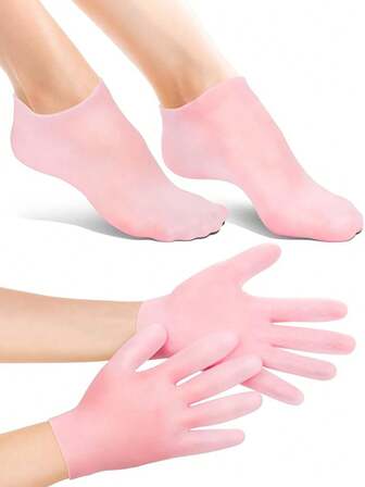 4 件装硅胶手足保湿舒缓套装高弹性压缩可重复使用绷带，用于涂抹芦荟凝胶、保湿霜、面霜、精华，让肌肤柔软，粉色