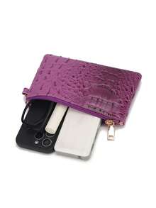 2pcs Crocodile Pattern Large Capacity Tote Bag - PU Leather Textured Shoulder Bag, Casual Versatile Commuter Bag With Clutch Purse - Màu tím - Xem 8