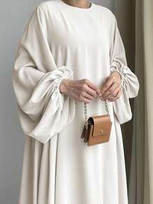 Solid Color Round Neck Elegant Long Sleeve Abaya Dress For Women - White - View 3