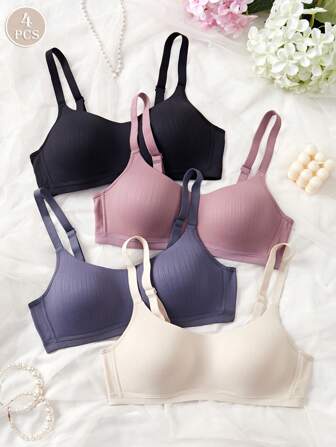 4PCS Women's Comfortable Sleeping Multicolour Casual Stripe Wireless Soft Cup Solid Bralette Lingerie Underwear Bra