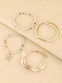 7 Pieces/Set Bohemian Beach Ocean Holiday Style Colorful Rice Beads Shell Starfish Decorative Bracelet Set Suitable For Women's Summer Daily Wear
