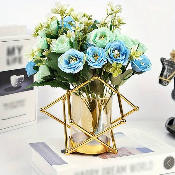 1pc Iron & Glass Vase, Golden Nordic Style Geometric Home Decor Vase, Creative Decorative Floral Vase