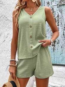 Ladies' Loose Sleeveless Two-Piece Set, Casual Button Decoration Spicy Girl Vest Set