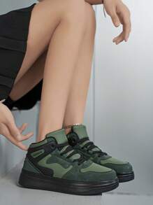 Women's Casual High-Top Sneakers With Anti-Slip Thick Sole, Breathable Comfort Outdoor Light-Weight Street Party Military Green Jogger Shoes