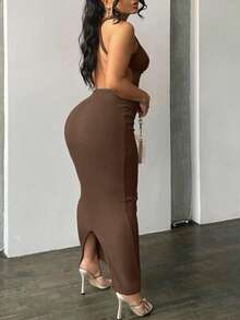 女式大码纯色休闲紧身露背性感街头装派对度假罗纹针织连衣裙