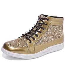 Men's Casual Sneakers Flat Skate Shoes, Fashion Sporty Glitter Sequin Glowing Party Shoes, Dancing Stage Shoes - Gold - View 1