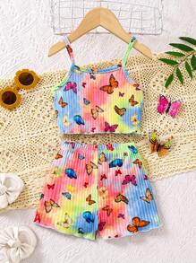 Conjunto de camisa sin mangas y pantalones cortos con estampado de mariposas y teñido anudado para niñas, nuevo conjunto de ropa casual de verano, conjunto de ropa de bebé y niña pequeña con chaleco de tirantes estampado floral
