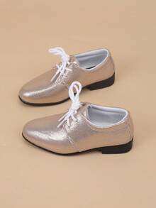 Kids Comfortable Slip-On Retro British Style Flat Leather Shoes - Champagne - View 2