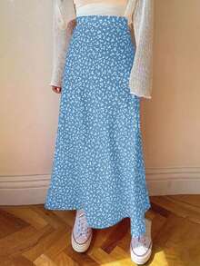 EARO 女士春夏碎花高腰A字半身裙，休闲户外度假款 - 淺藍 - 查看 3