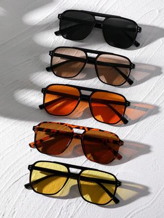 Set de 5 gafas de mujer de moda con puente doble y tachuelas cuadradas, en naranja, negro y amarillo para verano, playa, vacaciones, exteriores y viajes