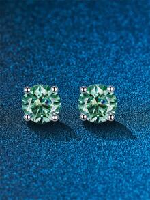 1PC Classic Four Claws Stud Earrings Green Color Moissanite Diamond S925 Silver Fine Jewelry For Men Women Daily Wear Accessories, Dates, Wedding, Engagement, Anniversary Or Valentine's Day The Best Gifts. - Green - View 3