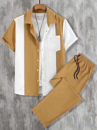 2-delat lätt herrkläder för vardagsbruk - Randig kortärmad skjorta med enkelknäppt knapp och enfärgade långbyxor, lämplig för pendling och fritidskläder