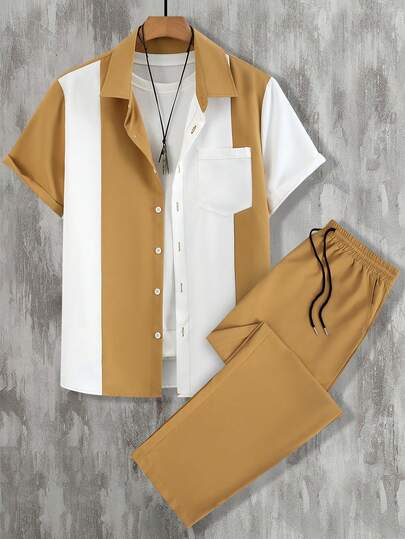 2pcs Men's Lightweight Casual Outfit - Colorblock Striped Short Sleeve Shirt With Single-Breasted Button And Solid Color Long Pants, Suitable For Commuting And Leisure Wear