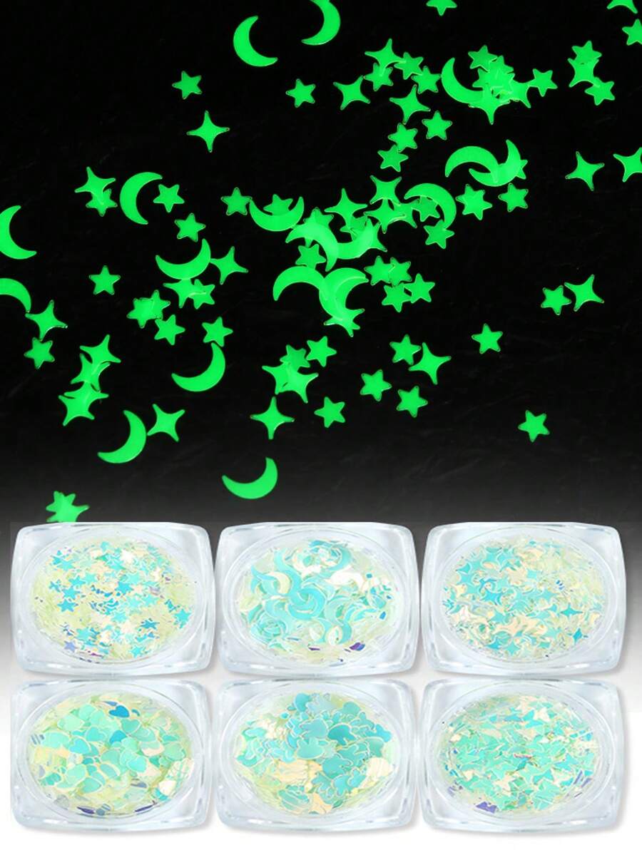 1/6Pcs Glow In The Dark Heart Star Moon Nail Glitter Sequins Decorations Luminous Butterfly Flakes For Holiday Party Nail Salon Nail Supplies Accessories Nails Nail Charms Nail Gems