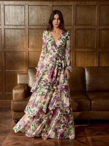 Elegant Romance Floral Chiffon Multi-Layered Evening Gown With V-Neckline & Waist Tie - Perfect For Galactic Gala Events, Black Tie Dinners, Outdoor Weddings, And Garden Parties, Formal, Party Dress, For Wedding Guest