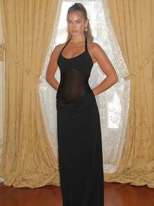 Women's Halter Neck Backless Sheer Mesh Patchwork Party Dress, Sexy Revealing Off Shoulder Design For Date, Spring/Summer - Black - View 3