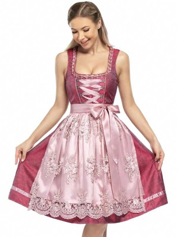 Damen Trachtenmode Bayerisches Midi Dirndl Kleid 2-teilig + Schürze