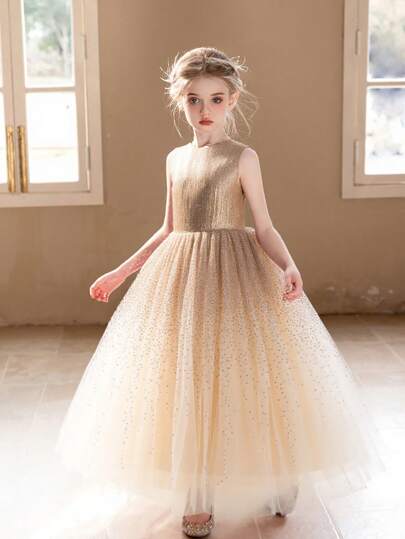 Girls' Champagne Color Sequin Elegant Dress, Tulle Ball Gown For Birthday Wedding Evening Party