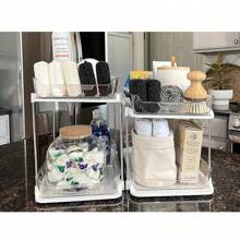 1pc Organizador de armazenamento de dois andares para cozinha, suporte para cosméticos transparente PET, caixa de armazenamento de gaveta de mesa multicamadas, adequado para penteadeira de banheiro, organizador de despensa de cozinha empilhável, organizador de armário de remédios com divisória deslizante