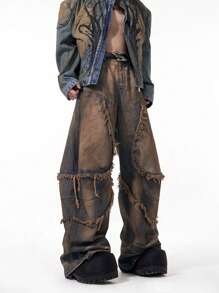 1pc American Retro Hip Hop Distressed Patchwork Frayed Hem Loose Casual Straight Leg Jeans, High Street Style Men's Cargo Pants