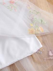 1pc Young Girl Cute Elegant Princess Butterfly & Floral 3D Decor Cap Sleeve Embroidery Tulle Tutu Party Dress, Beach Holiday Outfit, Spring/Summer/Autumn - White - View 7