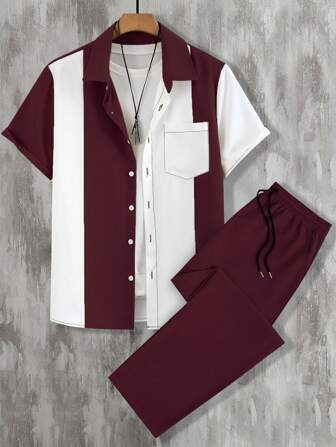 男士夏季轻薄拼色竖条纹短袖单排扣衬衫和纯色长裤两件套，时尚设计、清爽氛围的休闲通勤装，舒适装扮