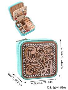 1pc Vintage Bohemian Style Flower Print Leather Jewelry Storage Box With Detachable Letter Element, Sophisticated Fashion, Suitable For Gifts On Occasions Like Valentine's Day, Mother's Day, Graduation - Mint - View 4