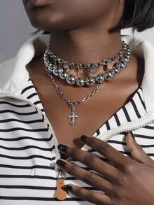 3pcs/Set Punk Style Chain & Bead Cross Pendant Necklace Set For Women, Daily Wear - Silver - View 2