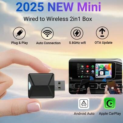 2025 New Mini CarPlay AI Box, Wired To Wireless CarPlay And Android Auto 2-In-1 Adapter, Compatible With 99% OEM Wired CarPlay/Android Auto Vehicles, 2.4~5.0 GHz WiFi5, Stylish & Portable