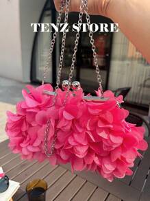 Elegant Hot Pink Floral Petal Satin Evening Clutch Bag – Double Chain Design, Handheld & Crossbody, Perfect For Prom, Spring Weddings, Parties, Cocktail Events, Vacation Looks, Graduation, Gender Reveal Party And Formal Occasions