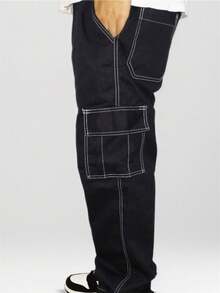 MEN'S SKATEBOARD, CASUAL, 5 POCKETS, DRAWSTRING CLOSURE, CARGO JOGGER PANTS, UNISEX FASHION - Blanco y Negro - Ver 3