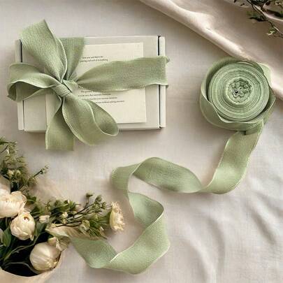 4cm Matcha Green Ruffle Silk Ribbon, High-End Elastic Ruched Edge, Craft Gift Wrap, Birthday Party Package, Bowknot, Cake Packaging DIY, Floral Bouquet, Graduation Party, Satin Ribbon