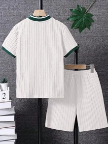 Set de 2 piezas de chándal informal para hombre, tejido de punto acanalado de color contrastante, suave y cómodo, conjunto de top y pantalones cortos esenciales, estilo minimalista elegante