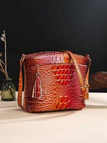 Classic Crocodile Pattern Gradient Crossbody Bag - PU Leather Textured Purse - Versatile Fashion Shoulder Bag With Adjustable Strap And Tassel For Women - 3#Cam+Đỏ - Xem 2
