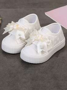 1 Pair Girls Pearl Bow Hook And Loop Canvas Shoes, Princess Style, Non-Slip & Wear-Resistant, Suitable For Spring And Autumn Daily Wear